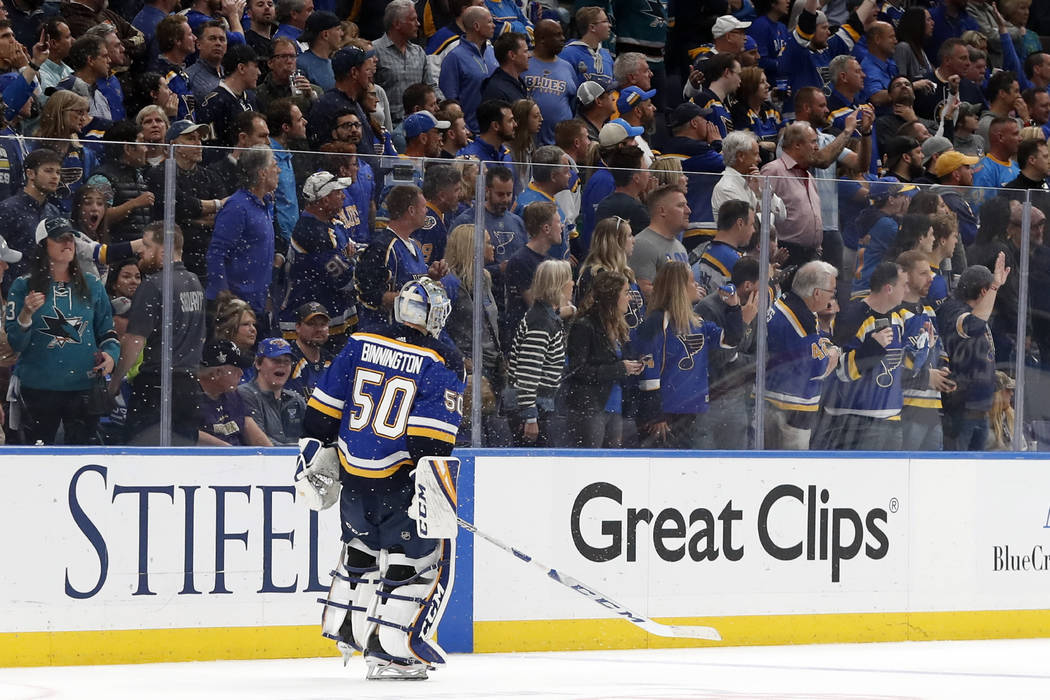 St. Louis Blues goaltender Jordan Binnington skates off the ice after the San Jose Sharks beat ...