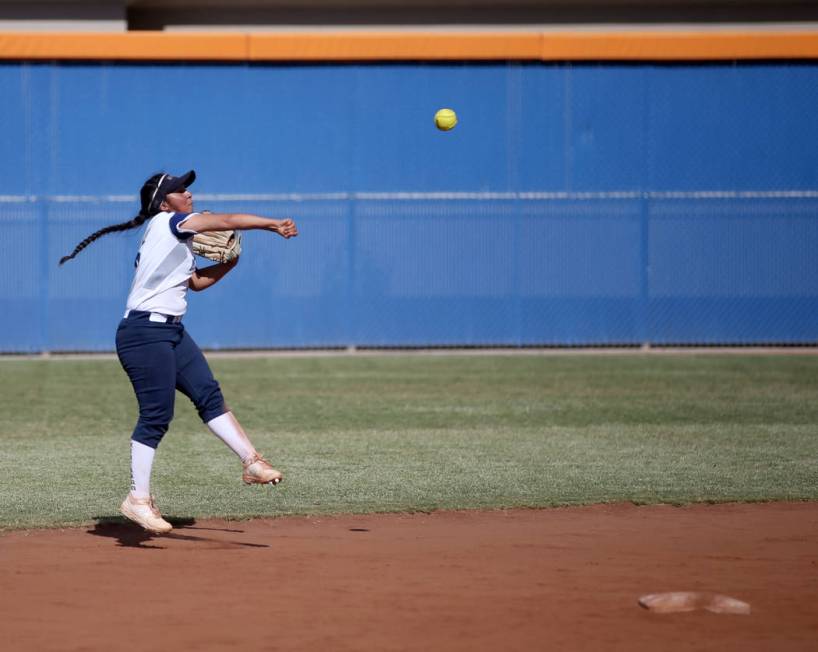 Shadow Ridge's Angelina Esqueda (6) throws to first against Coronado in their Class 4A state ch ...