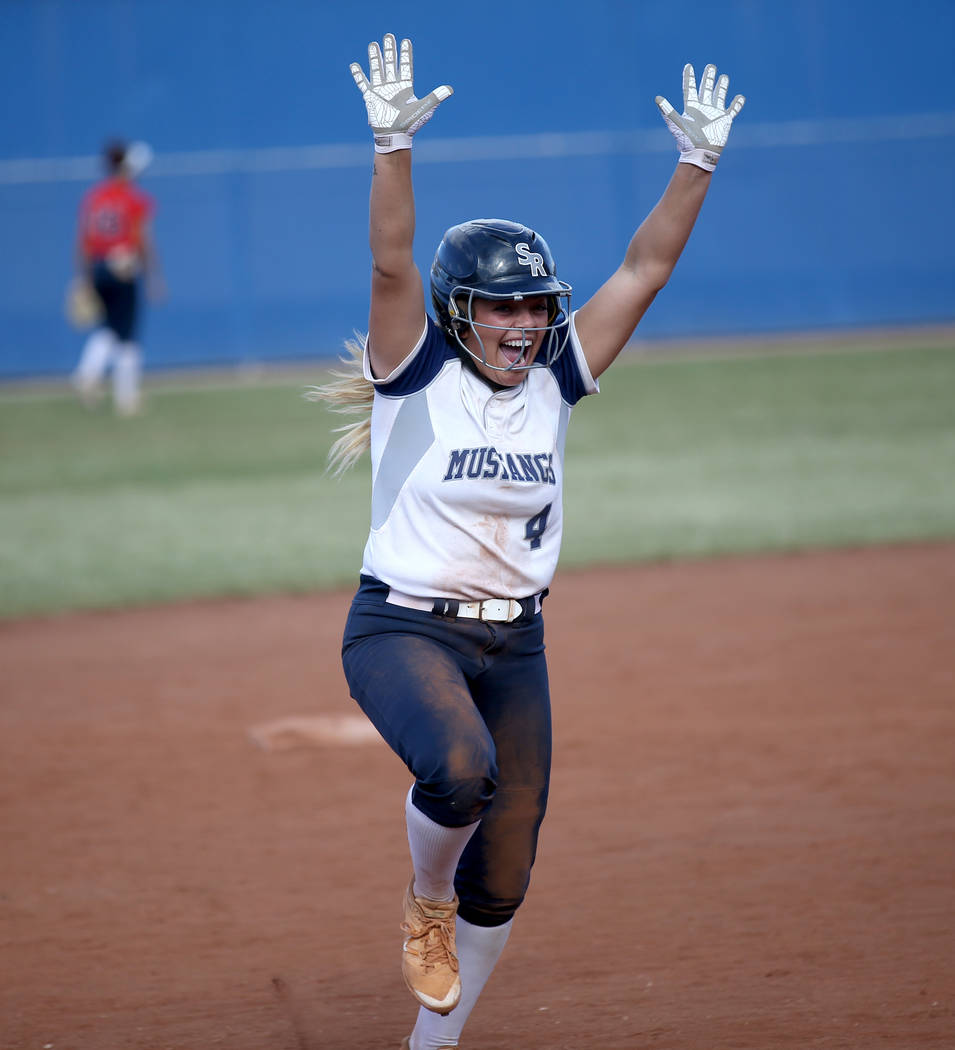 Shadow Ridge's Shea Clements celebrates her go-ahead home run against Coronado in their Class 4 ...