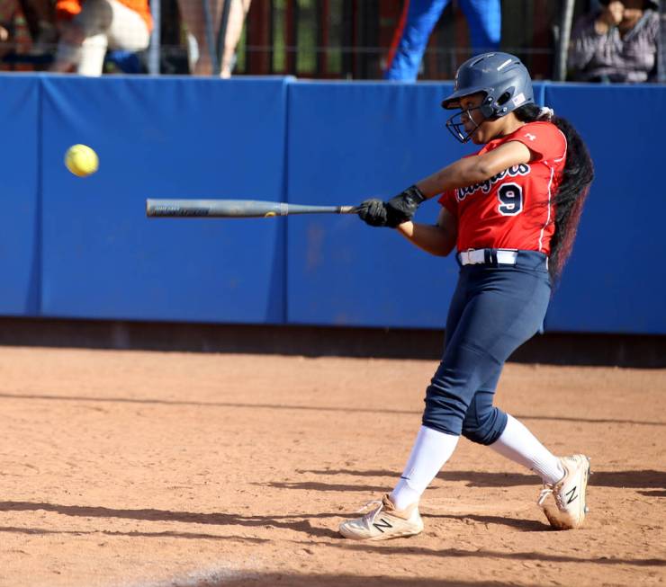 Coronado's Kaila Angel (9) hits against Shadow Ridge in their Class 4A state championship winne ...