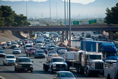 Traffic is backed up on southbound Interstate 15 in downtown Las Vegas as Electric Daisy Carniv ...