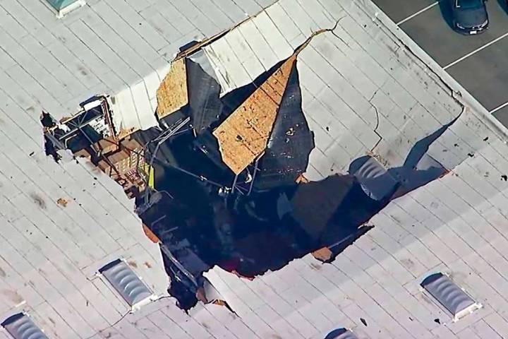 A photo taken from video provided by KABC-TV shows where an F-16 fighter jet crashed into a war ...