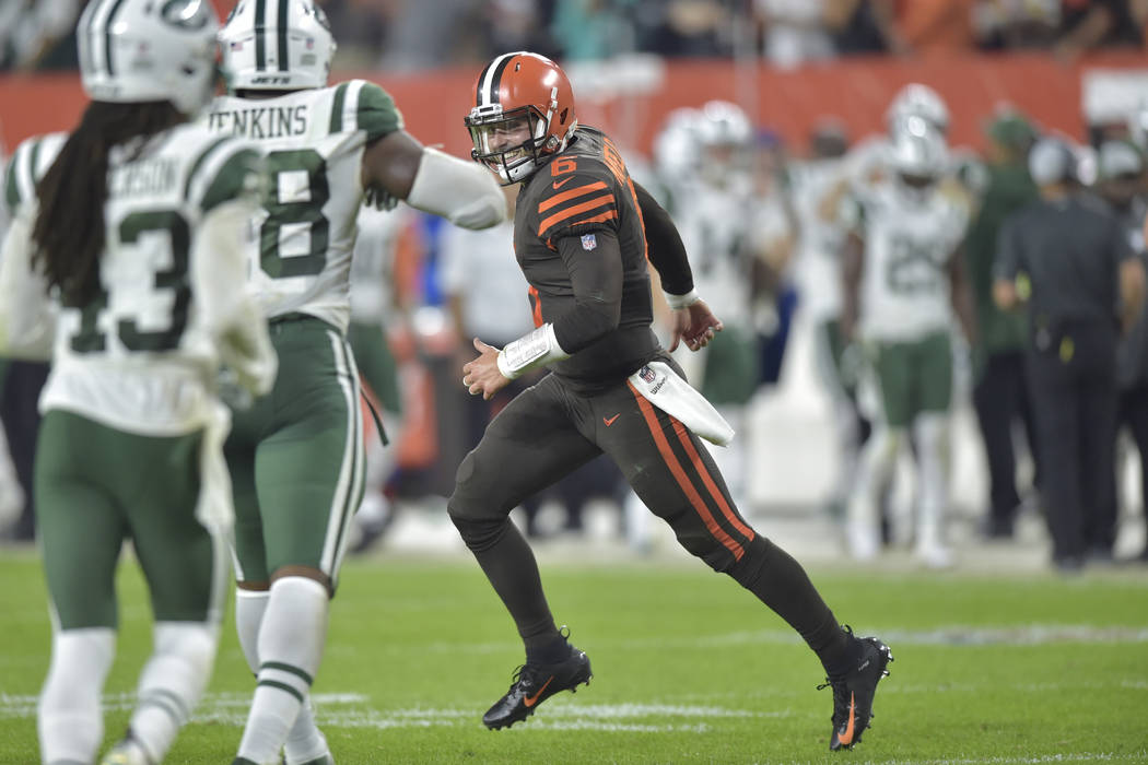 FILE - In this Thursday, Sept. 20, 2018, file photo, Cleveland Browns quarterback Baker Mayfiel ...