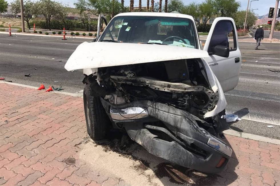 A truck is seen at the site of a fatal crash at West Charleston Boulevard and South Town Center ...