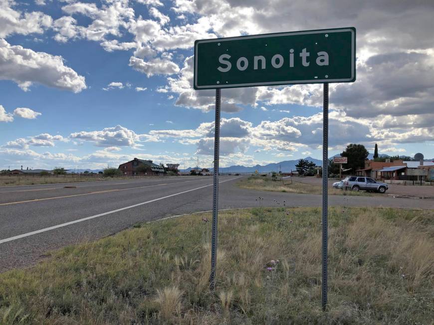 In this photo taken Monday, May 13, 2019, a sign for Sonoita stands in the heart of southeaster ...