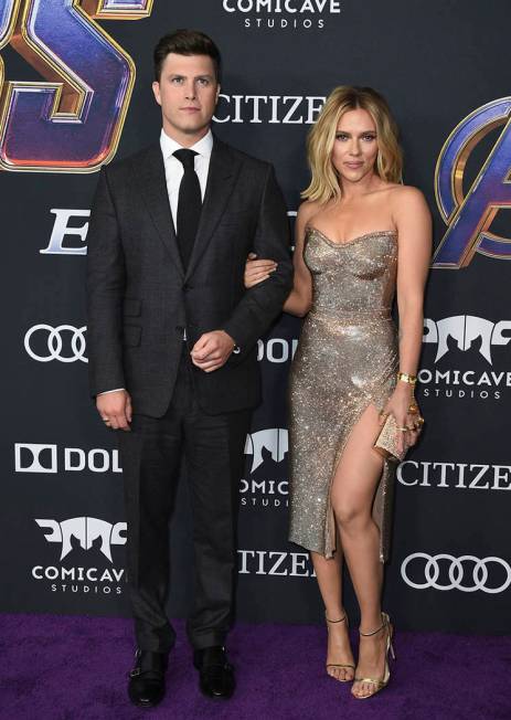 Colin Jost, left, and Scarlett Johansson arrive at the premiere of "Avengers: Endgame" at the L ...