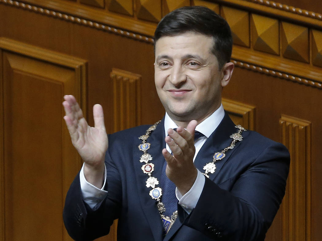 Ukrainian new President Volodymyr Zelenskiy gestures during his inauguration ceremony in Kiev, ...