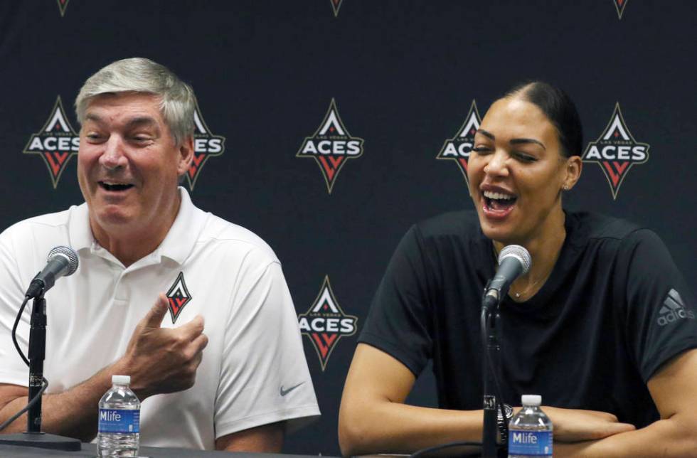 Las Vegas Aces' head coach Bill Laimbeer, left, and Liz Cambage, two-time All Star, and 2018 le ...