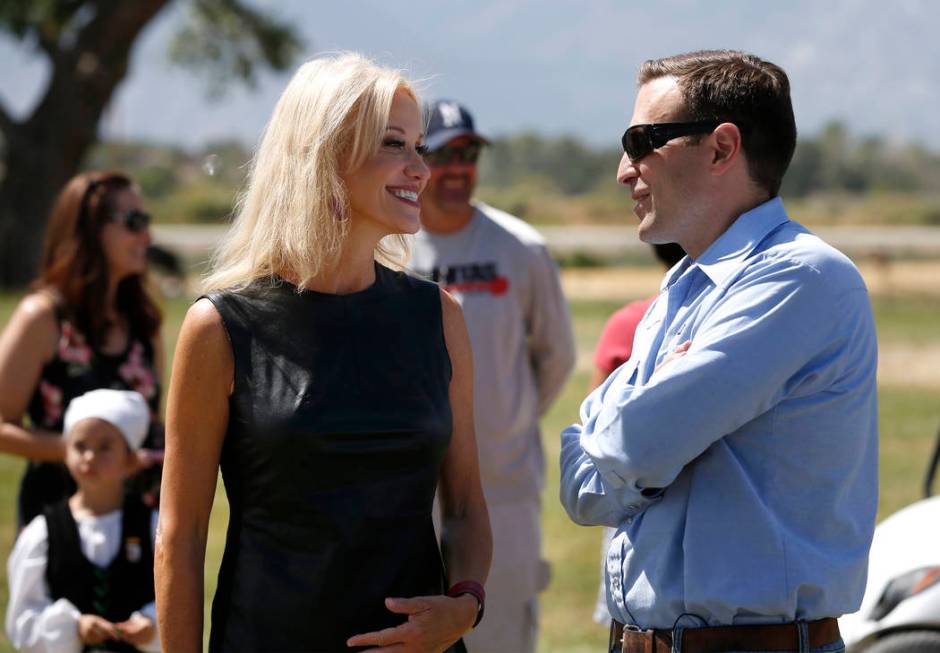 Kellyanne Conway talks to Nevada Attorney General Adam Laxalt at the 4th annual Basque Fry in G ...