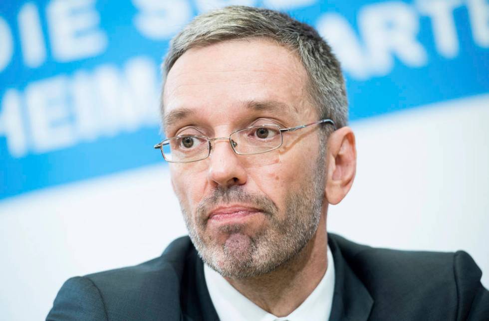 Austrian Minister of the Interior Herbert Kickl, of the right-wing Freedom Party, FPOE, addres ...