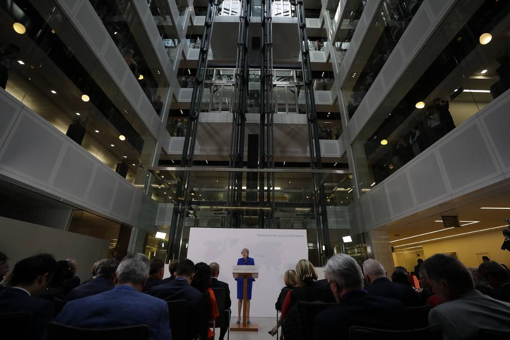 Britain's Prime Minister Theresa May delivers a speech in London, Tuesday, May 21, 2019. The Br ...