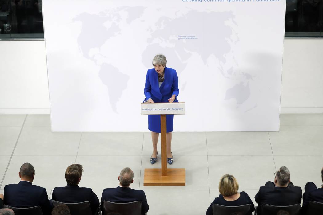 Britain's Prime Minister Theresa May delivers a speech in London, Tuesday, May 21, 2019. The Br ...
