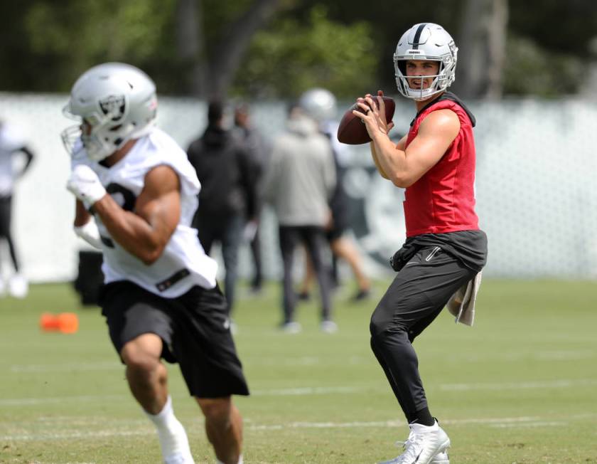 Oakland Raiders quarterback Derek Carr prepares to throw the football during an offseason train ...