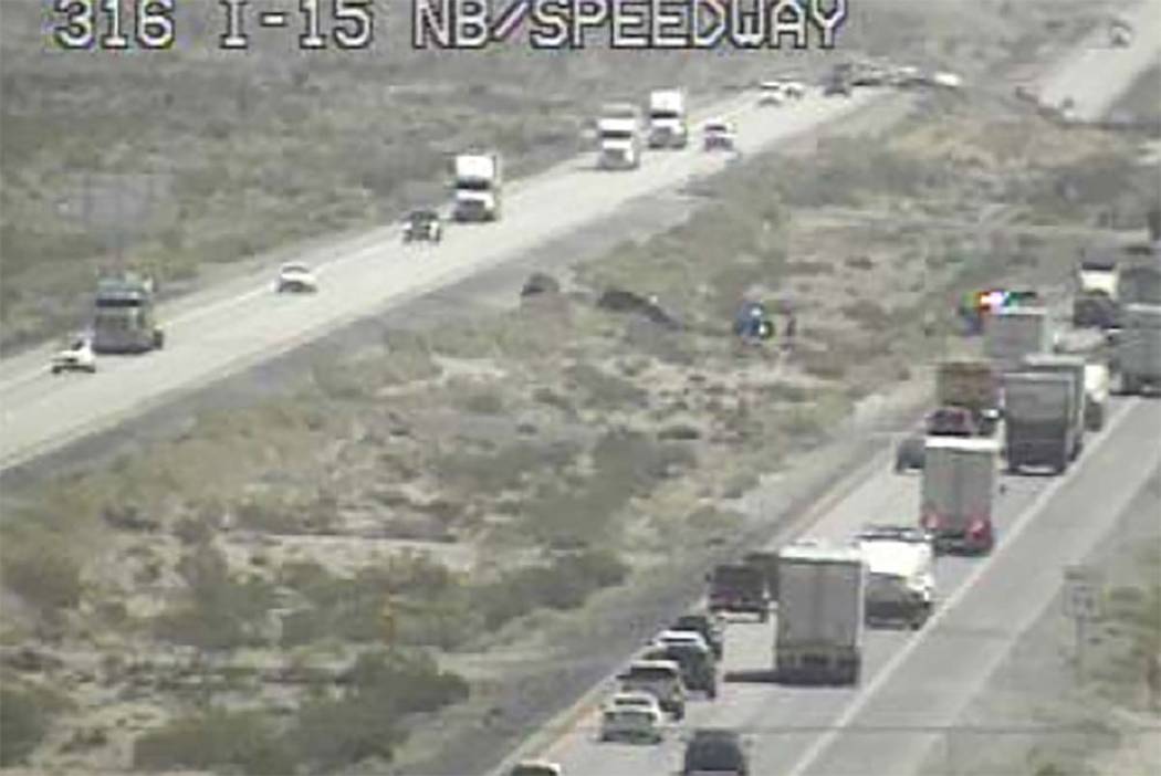The Nevada Highway Patrol investigates a fatal crash on Interstate 15 near the Las Vegas Motor ...