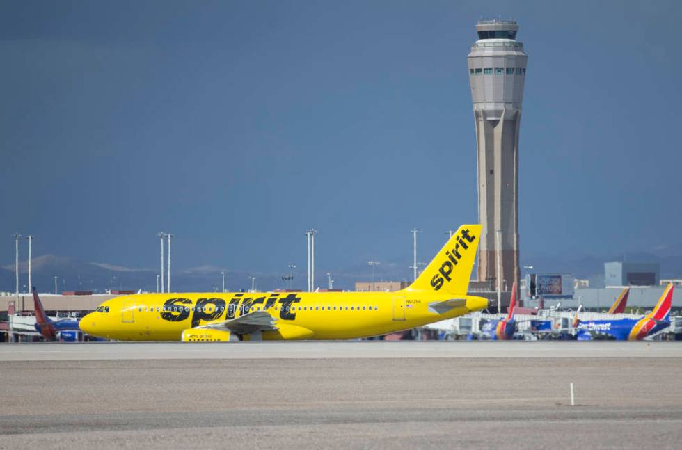 A Spirit Airlines aircraft taxis at McCarran International Airport on Tuesday, May 21, 2019, in ...