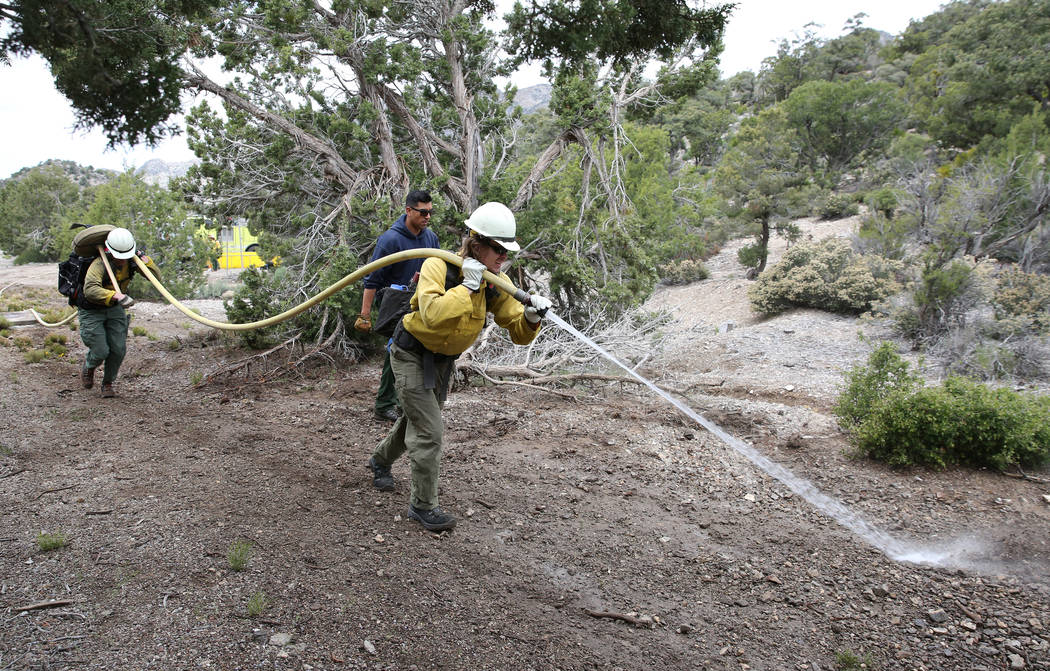 Firefighter from Bureau of Land Management, Calvin Goff, front, and Travis Flowers spray water ...