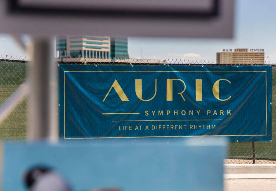 Signage for Auric, the first residential development at Symphony Park in Downtown Las Vegas, ha ...
