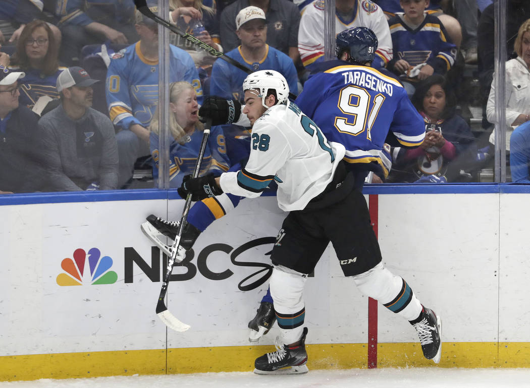 San Jose Sharks right wing Timo Meier (28), of Switzerland, checks St. Louis Blues right wing V ...