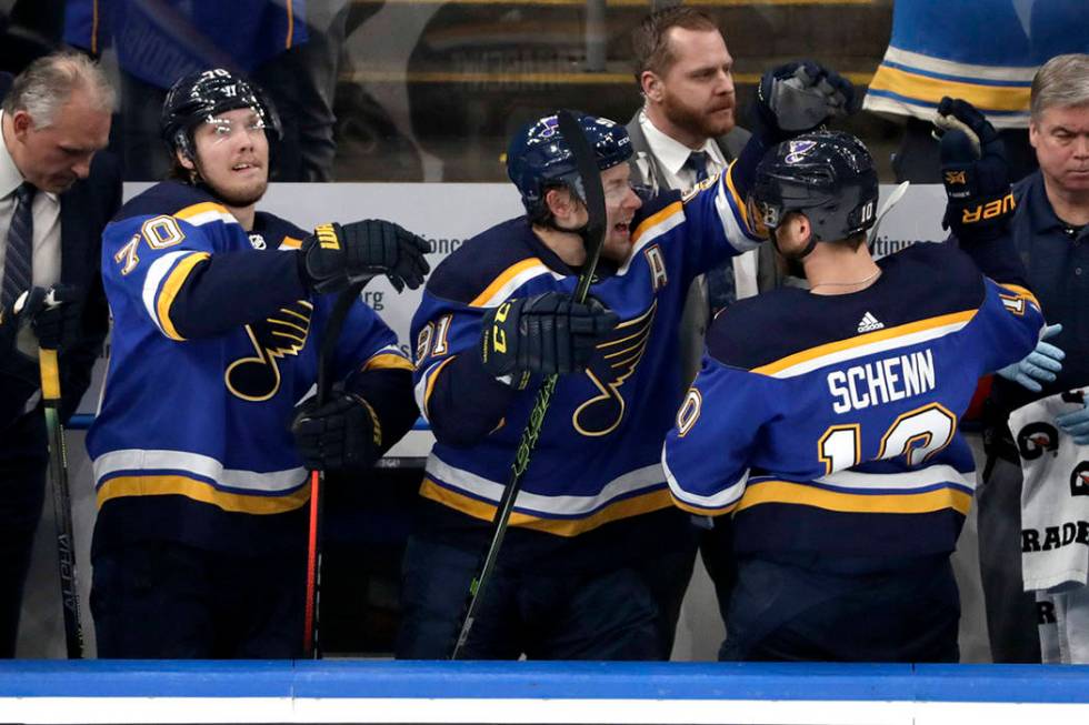 St. Louis Bluesplayers Oskar Sundqvist (70), of Sweden; Vladimir Tarasenko (91), of Russia; and ...