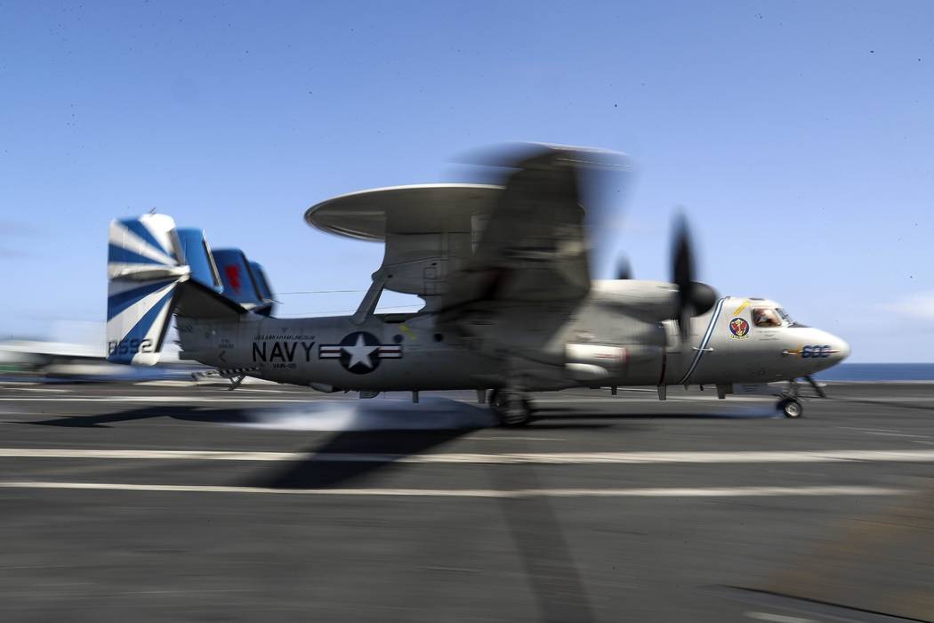 In this Monday, May 20, 2019 photo, released by U.S. Navy, an E-2D Hawkeye from the "Bluet ...