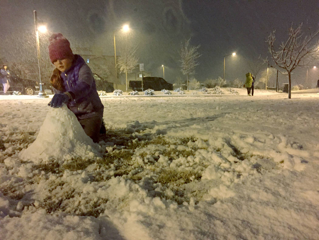 Ellie Prindle, 10, a fifth-grader at Givens Elementary School, makes a snowman Sunday night, Fe ...
