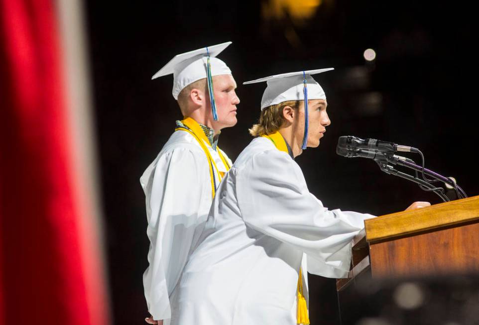 Graduating Green Valley High School valedictorian Jack Burgess, right, speaks alongside fellow ...