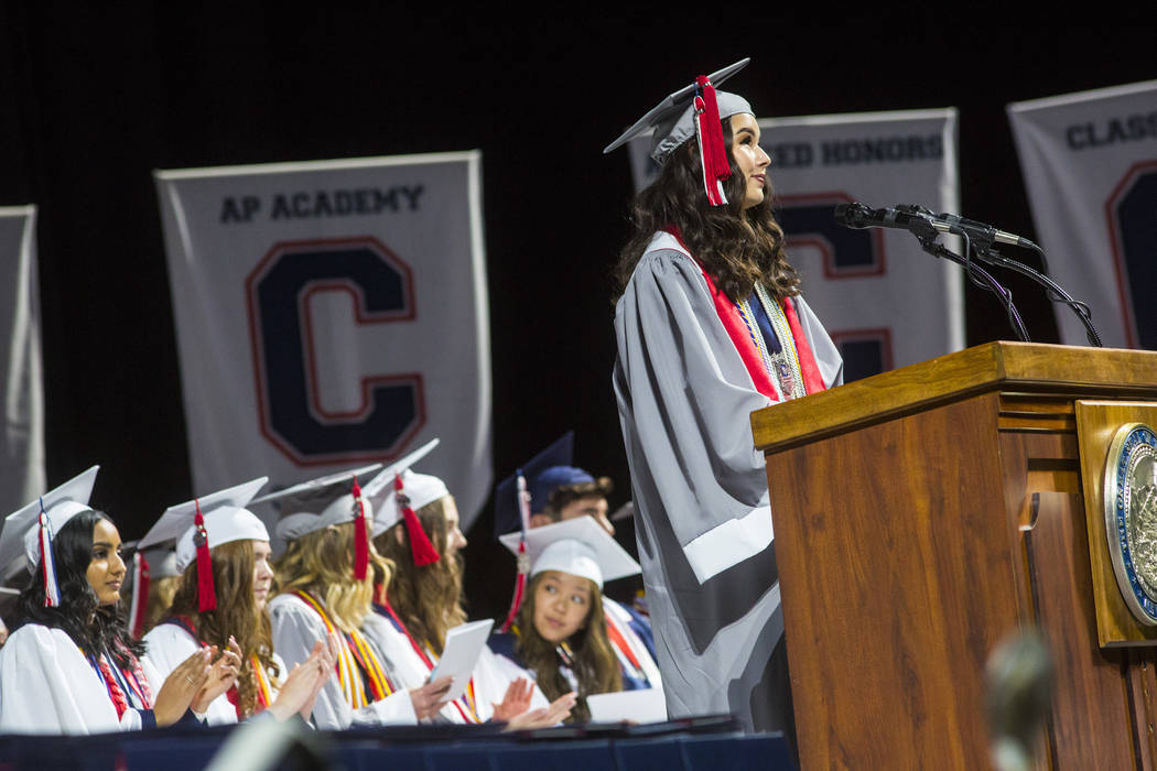 Graduating Coronado High School valedictorian Olivia Yamamoto speaks during the graduation cere ...