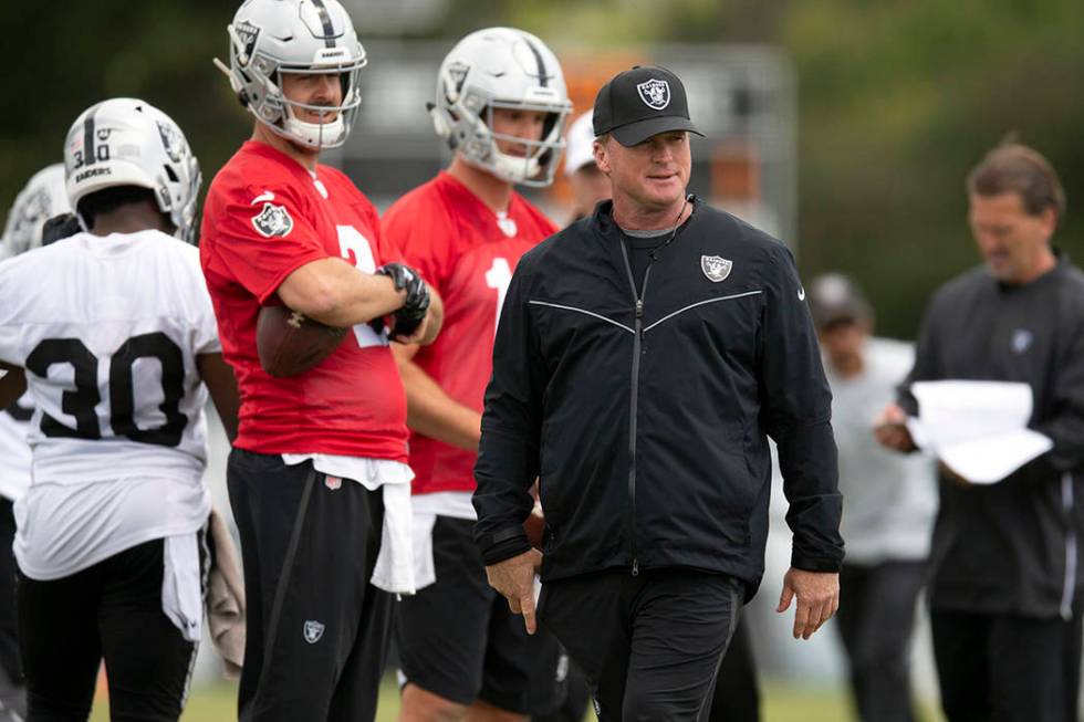 Quarterback Landry Jones (2), shown with Oakland Raiders NFL football team head coach Jon Grude ...