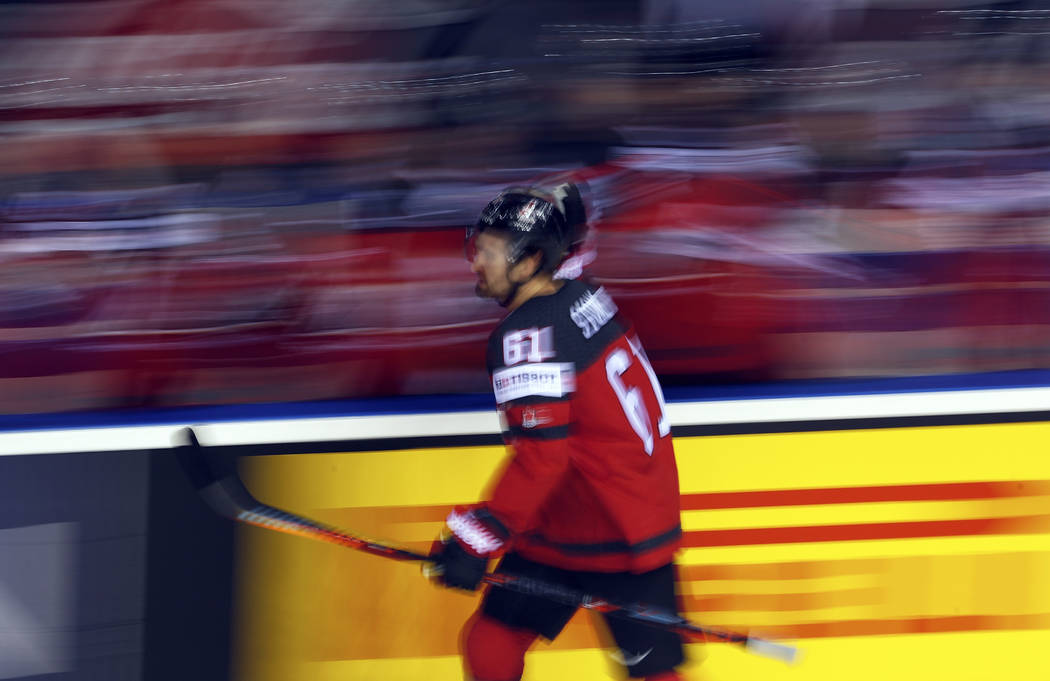 Canada's Mark Stone celebrates after scoring his side's first goal during the Ice Hockey World ...