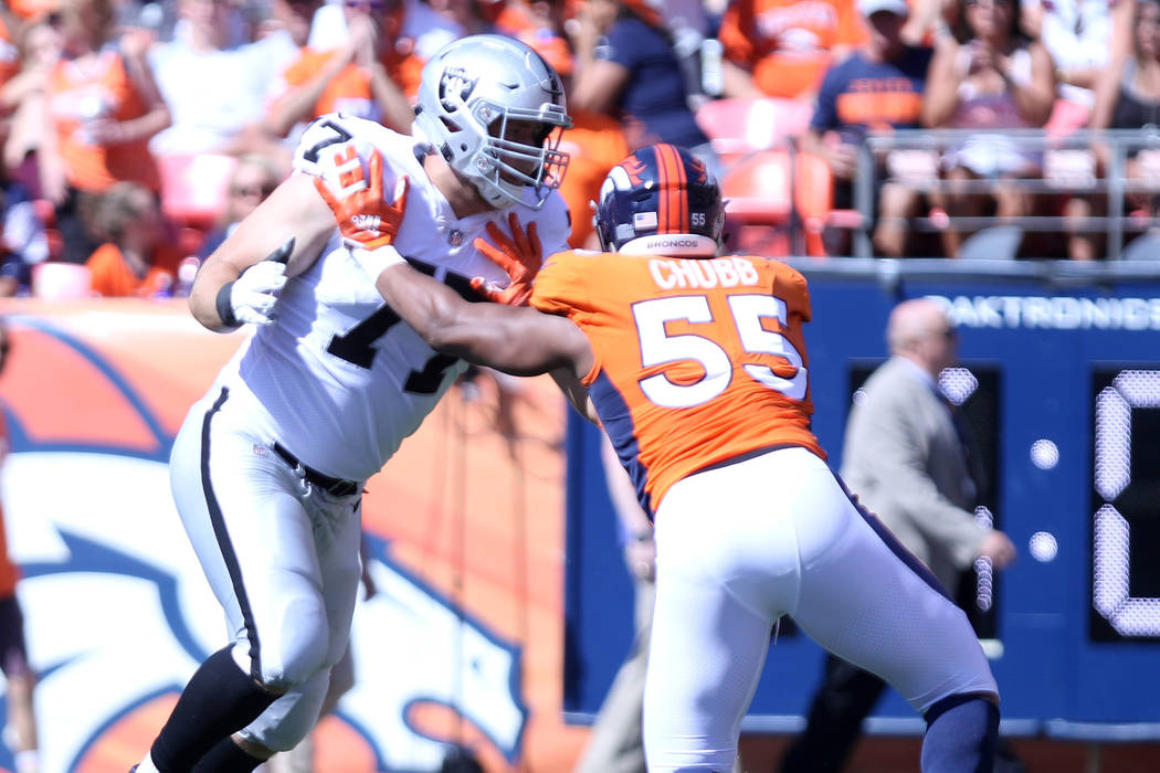 Oakland Raiders offensive tackle Kolton Miller (77) holds off Denver Broncos linebacker Bradley ...