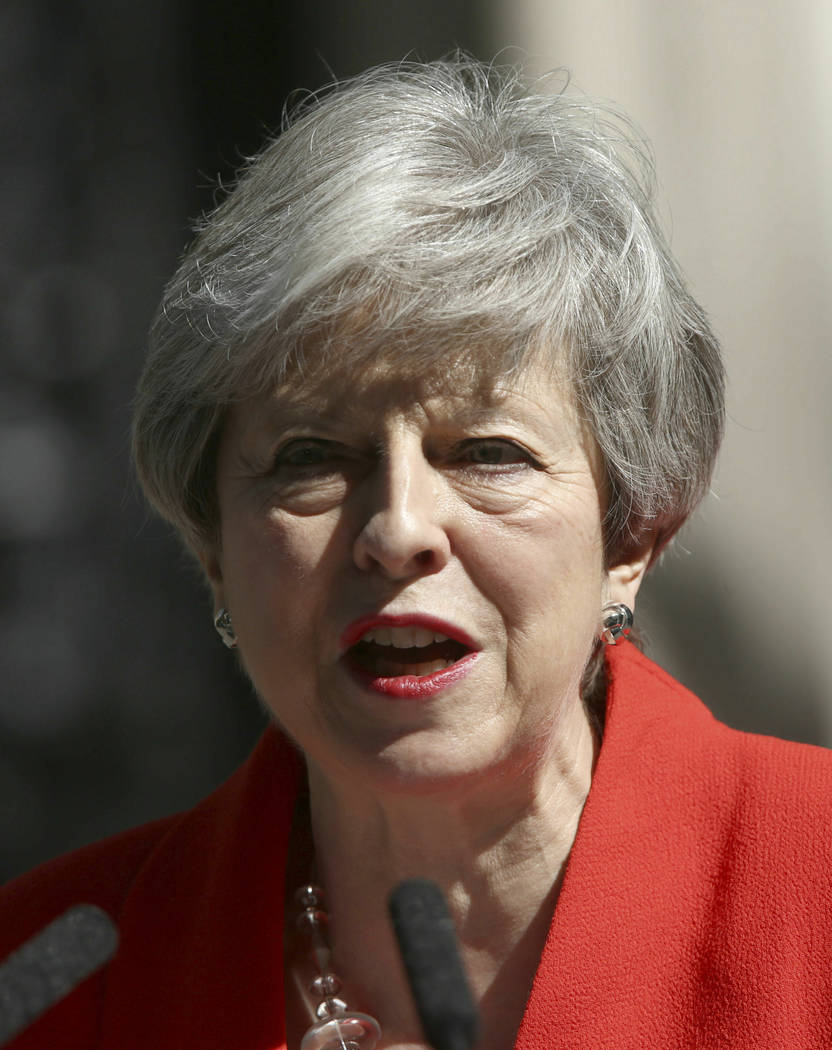 Britain's Prime Minister Theresa May makes a statement outside at 10 Downing Street in London, ...