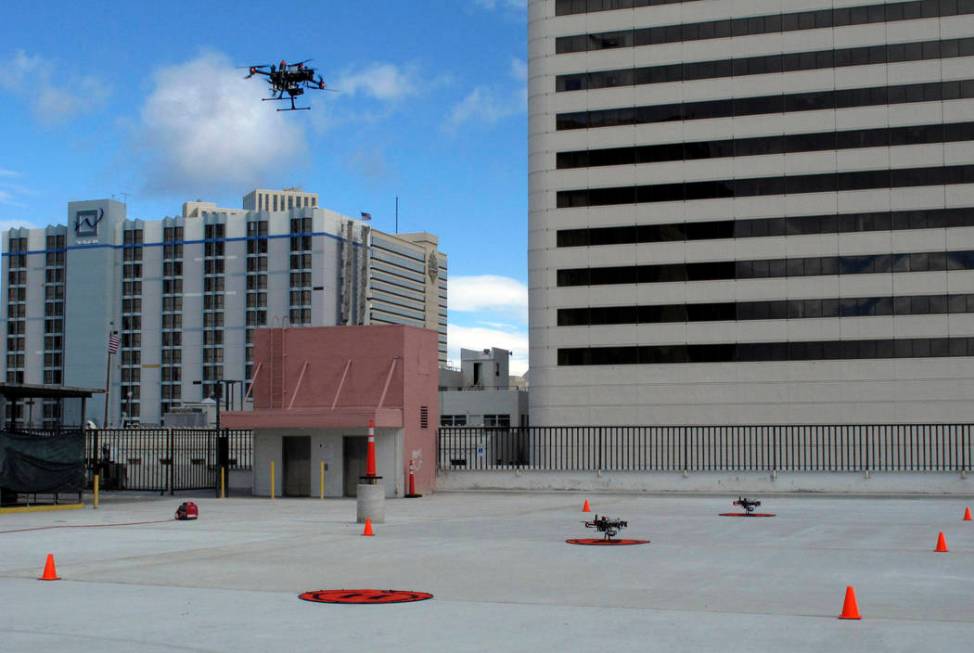 In this Tuesday, May 21, 2019 photo, a drone takes off from the roof of the Cal-Neva casino par ...