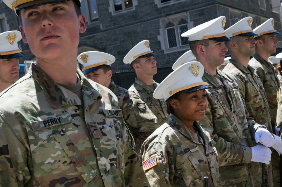 In this May 22, 2019 photo Briana Love, center, and fellow underclassmen prepare to drill at th ...