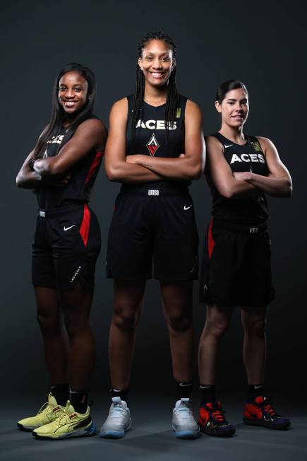 Las Vegas Aces' Jackie Young, from left, A'ja Wilson, and Kelsey Plum, at the Mandalay Bay Even ...