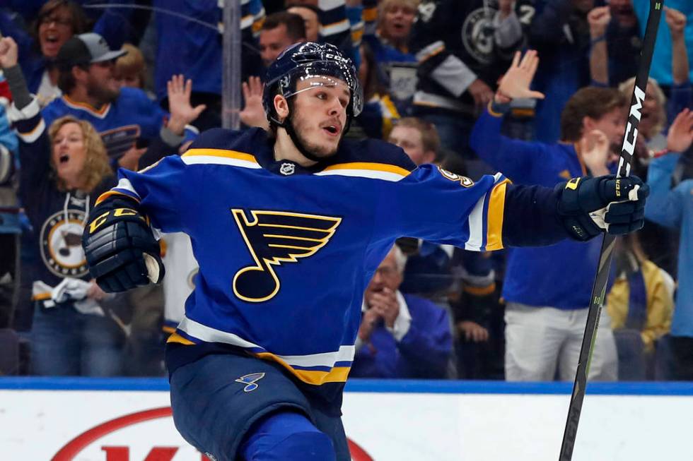 St. Louis Blues left wing Sammy Blais celebrates after the Blues scored against the San Jose Sh ...