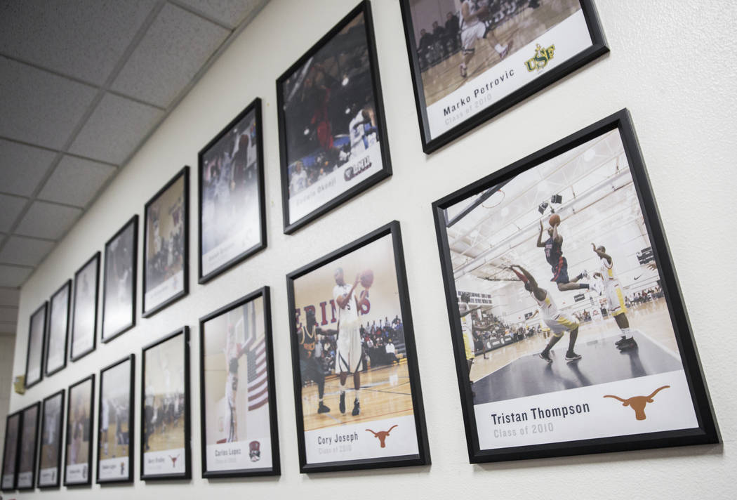 The wall of fame for Findlay Prep ex-players on Friday, November 9, 2018, in Henderson. Benjami ...