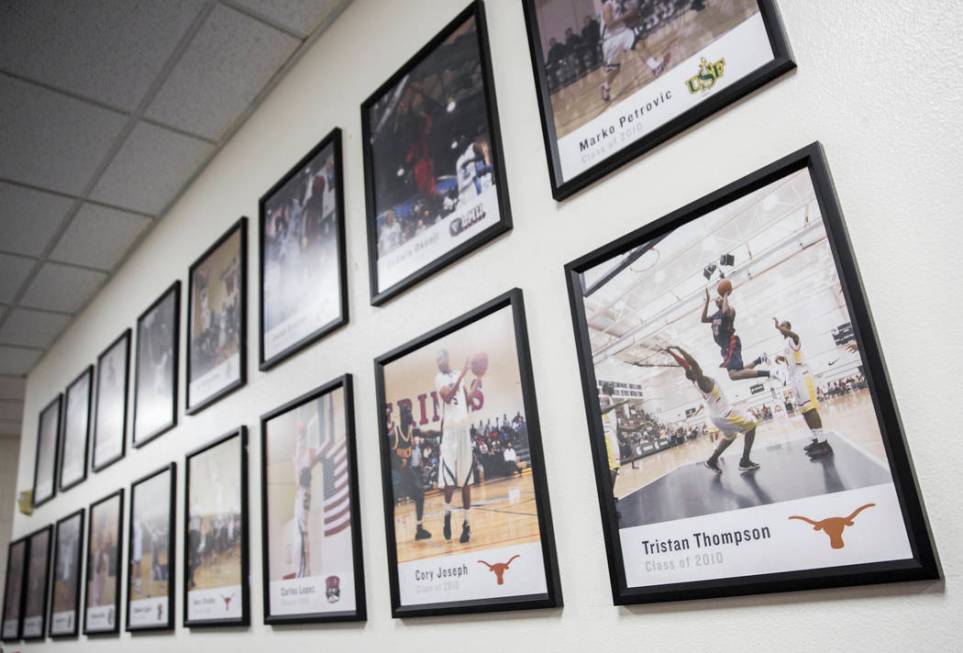 The wall of fame for Findlay Prep ex-players on Friday, November 9, 2018, in Henderson. Benjami ...