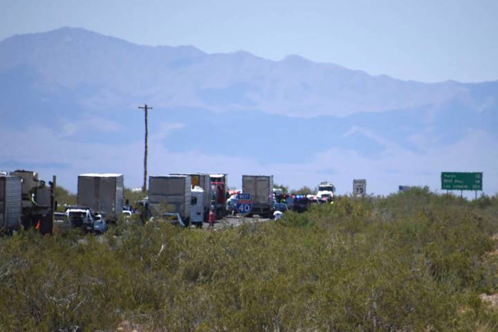 Traffic is stopped on Interstate 40 after a wrong-way crash Friday, May 24, 2019, near Kingman, ...