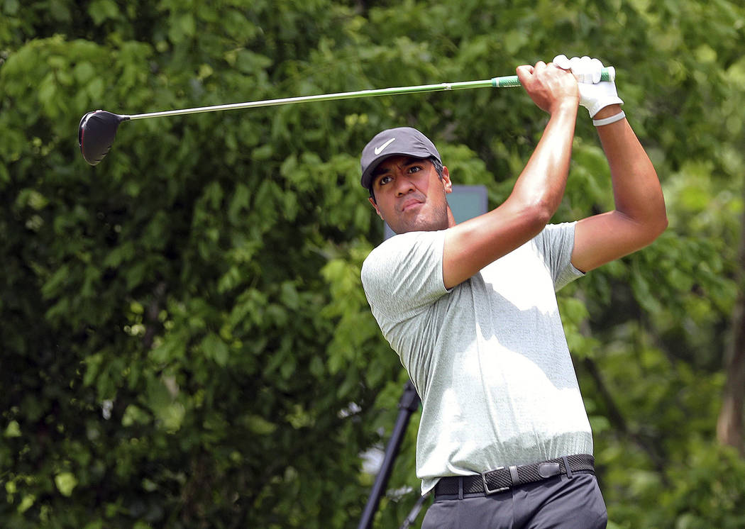 Tony Finau hits off the sixth tee in the final round of the Charles Schwab Challenge golf tourn ...