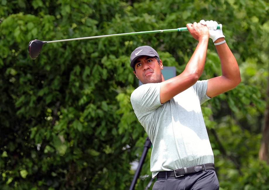 Tony Finau hits off the sixth tee in the final round of the Charles Schwab Challenge golf tourn ...