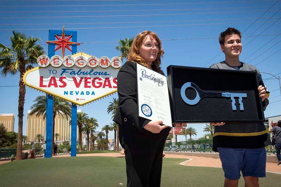 Clark County Commission Chairwoman Marilyn Kirkpatrick presents the key to the Las Vegas Strip ...