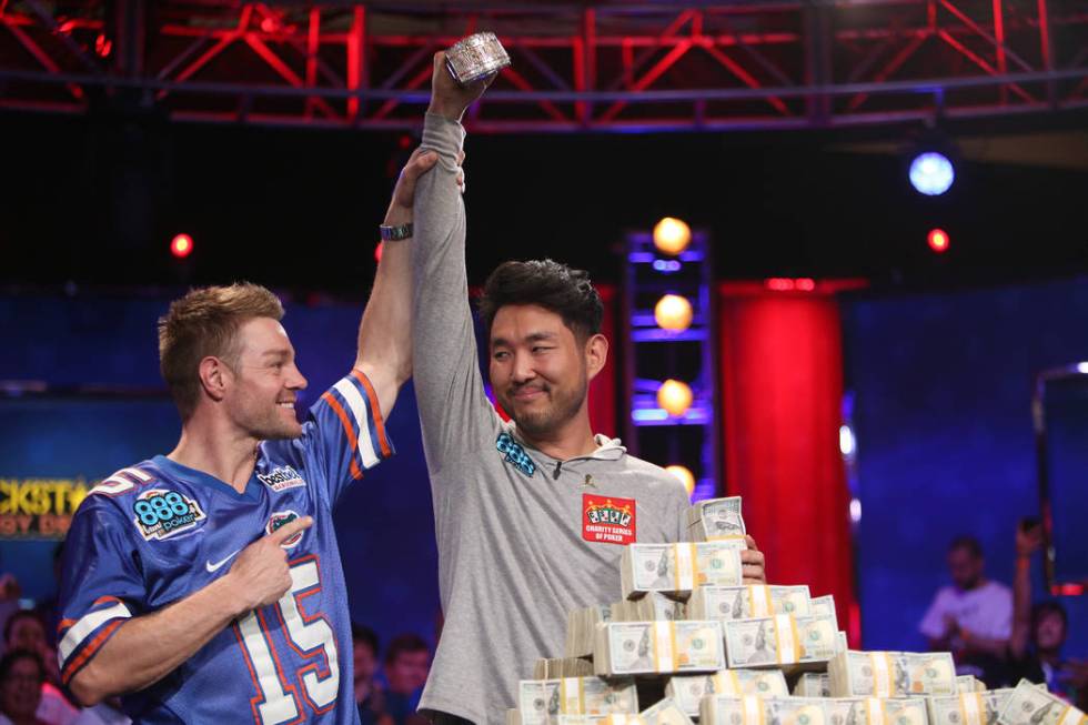 Tony Miles and John Cynn after Cynn won the World Series of Poker tournament in Las Vegas, Sund ...