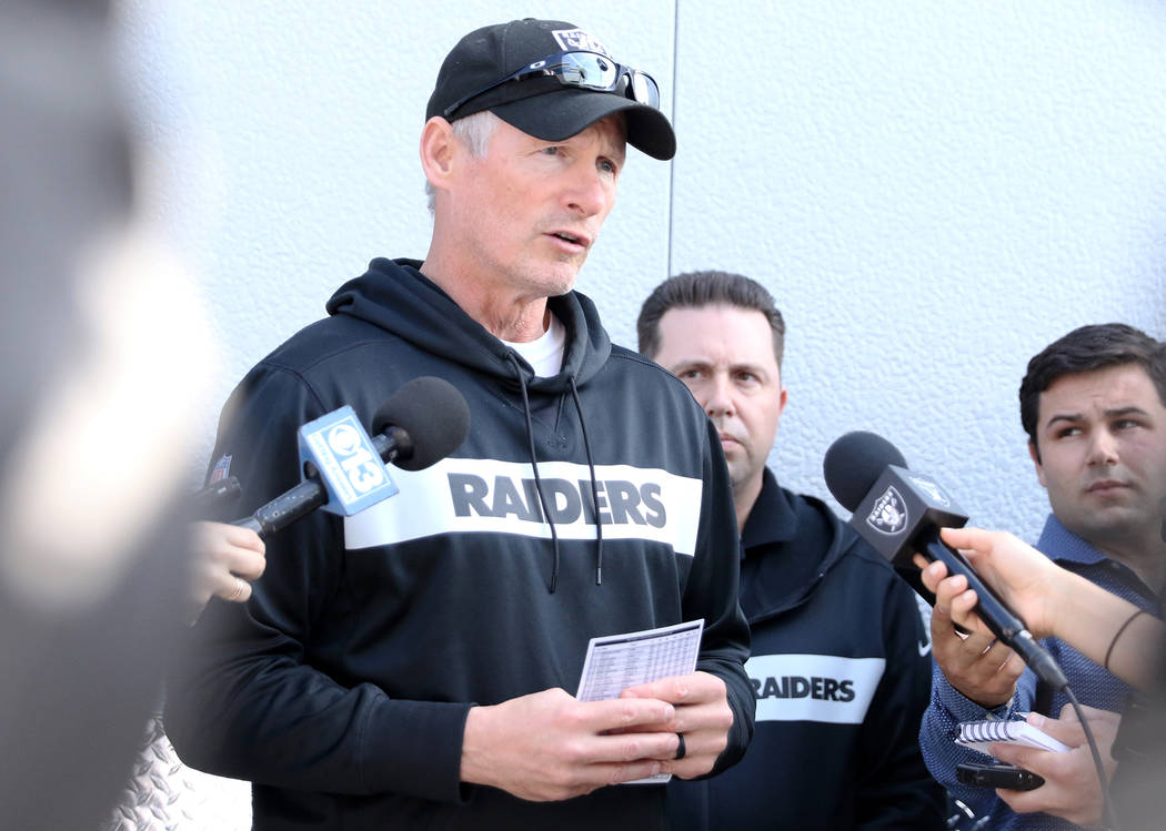 Oakland Raiders general manager Mike Mayock speaks to reporters about the signing of offensive ...