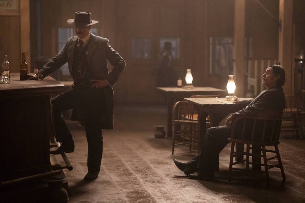 Timothy Olyphant, left, and Ian McShane in "Deadwood: The Movie." (Warrick Page/HBO)