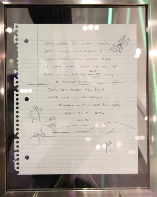 Framed handwritten lyrics to "I'will Never Love Again", written by Jackson Maine (Bra ...