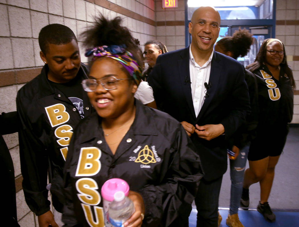 Presidential hopeful Sen. Cory Booker, D-N.J., arrives for Student Conversation with Cory hoste ...