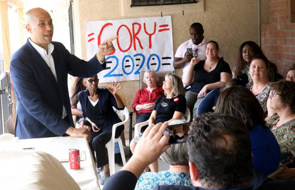 Presidential hopeful Sen. Cory Booker, D-N.J., speaks at a Miracle Workers House Party in Las V ...