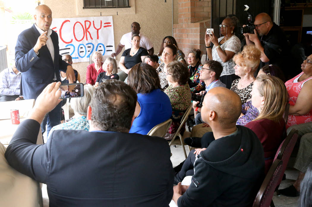 Presidential hopeful Sen. Cory Booker, D-N.J., speaks at a Miracle Workers House Party in Las V ...