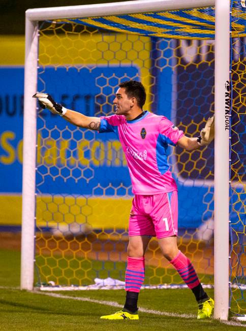 Las Vegas Lights FC goalkeeper Thomas Olsen (1) directs his teammates during their game versus ...