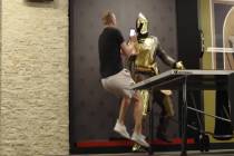 Golden Knights' Ryan Reaves dressed as a knight statue scares teammate Nate Schmidt. (Screen ca ...